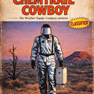 A vintage-style comic book cover titled “Chemtrail Cowboy” featuring a figure in a reflective atmospheric suit walking through a desert landscape holding a metal briefcase, with “Weather Supply Co.” branding and “Notes from the Field” subtitle.