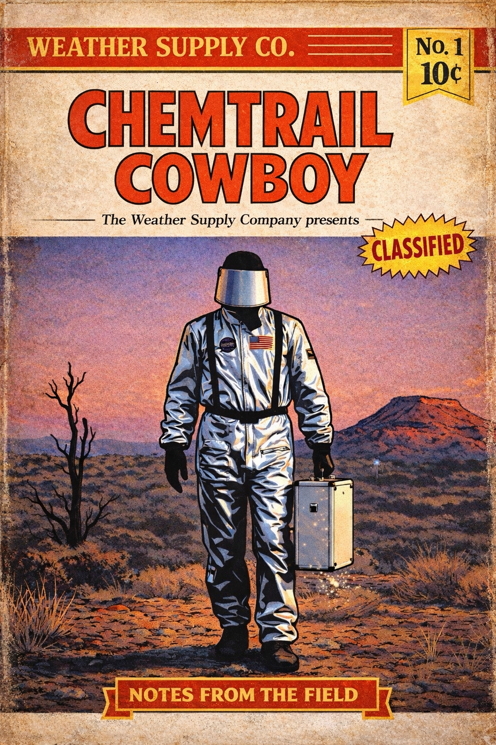 A vintage-style comic book cover titled “Chemtrail Cowboy” featuring a figure in a reflective atmospheric suit walking through a desert landscape holding a metal briefcase, with “Weather Supply Co.” branding and “Notes from the Field” subtitle.