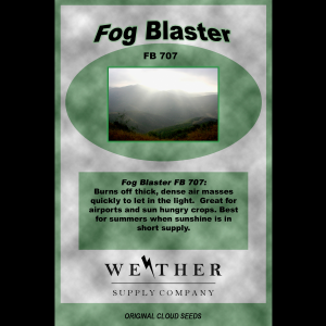 Packaging design for Fog Blaster FB 707 cloud seeds by Weather Supply Company featuring a foggy mountain landscape and text describing clearing dense fog to increase sunlight.