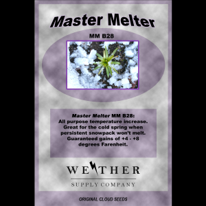 Packaging design for Master Melter MM B28 cloud seeds by Weather Supply Company featuring a small plant emerging through snow and text about increasing temperature to melt snow.