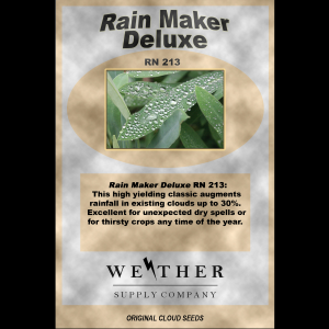 Rain Maker Deluxe RN 213 cloud seeds by Weather Supply Company help enhance rainfall in existing clouds. Ideal for dry spells and supporting thirsty crops year-round. A creative, imaginative gardening product rooted in seasonal care.