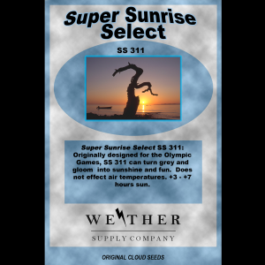 Packaging design for Super Sunrise Select SS 311 cloud seeds by Weather Supply Company featuring a sunrise over water with a silhouetted tree and text about increasing sunlight hours